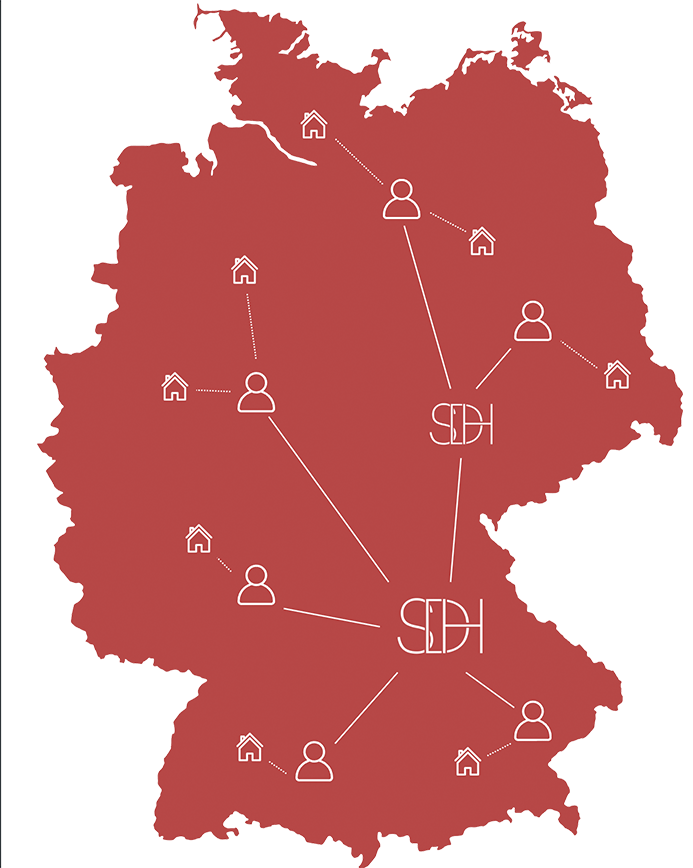 Bundesweites Netzwerk der SDH-Immobilien GmbH & Co. KG in Deutschland Rote Deutschlandkarte mit vernetzten Personen- und Haus-Symbolen, die das bundesweite Immobiliennetzwerk der SDH-Immobilien GmbH & Co. KG darstellen.